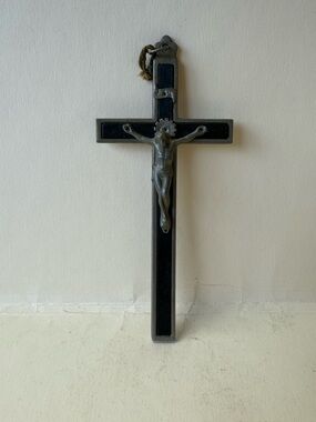 Antique Pectoral Cross Jesus Christ Crucifix Heavy Metal and Ebony Inlay